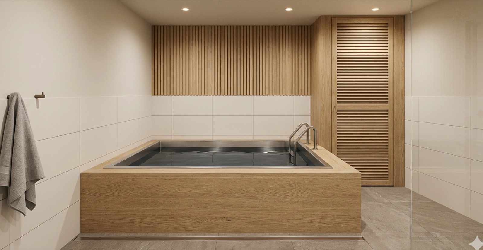 Built-in cold plunge — timber-clad steel tub with still water, tiled wet zone and linear drain.