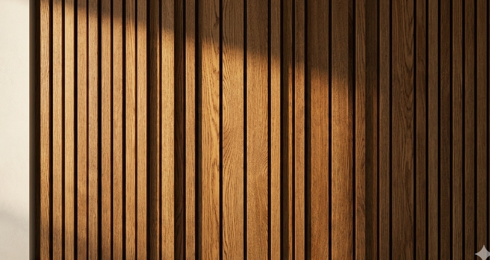 Solid thermally-modified European oak slat feature wall, raking warm light across the grain.