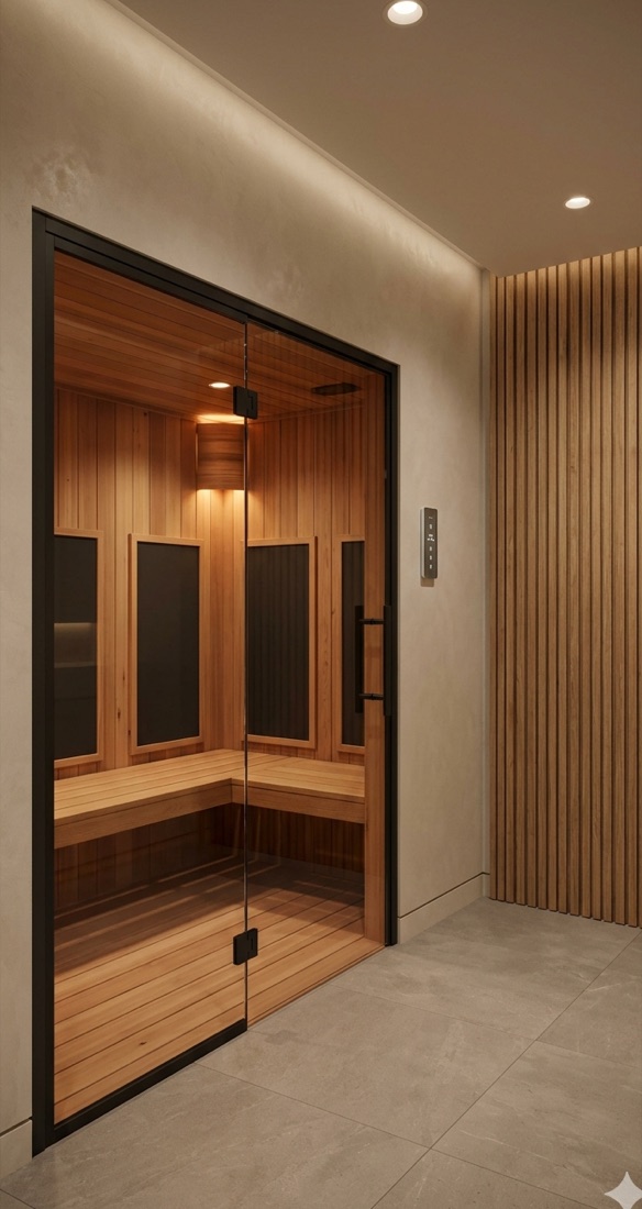 Infrared sauna cabin interior — cedar lining, black-framed glass door, low-profile infrared panels and integrated bench.