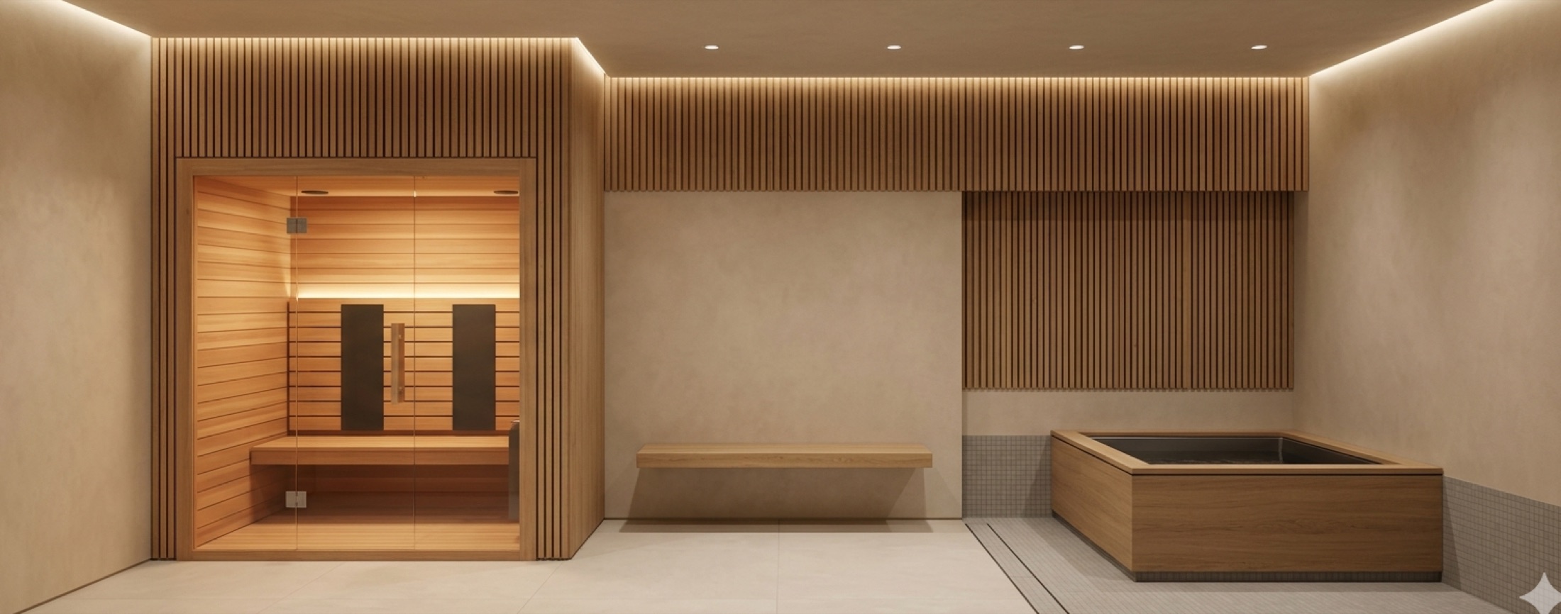 Horizon suite full elevation — infrared sauna cabin, floating bench and built-in timber-clad cold plunge in a single plan, warm cove lighting.