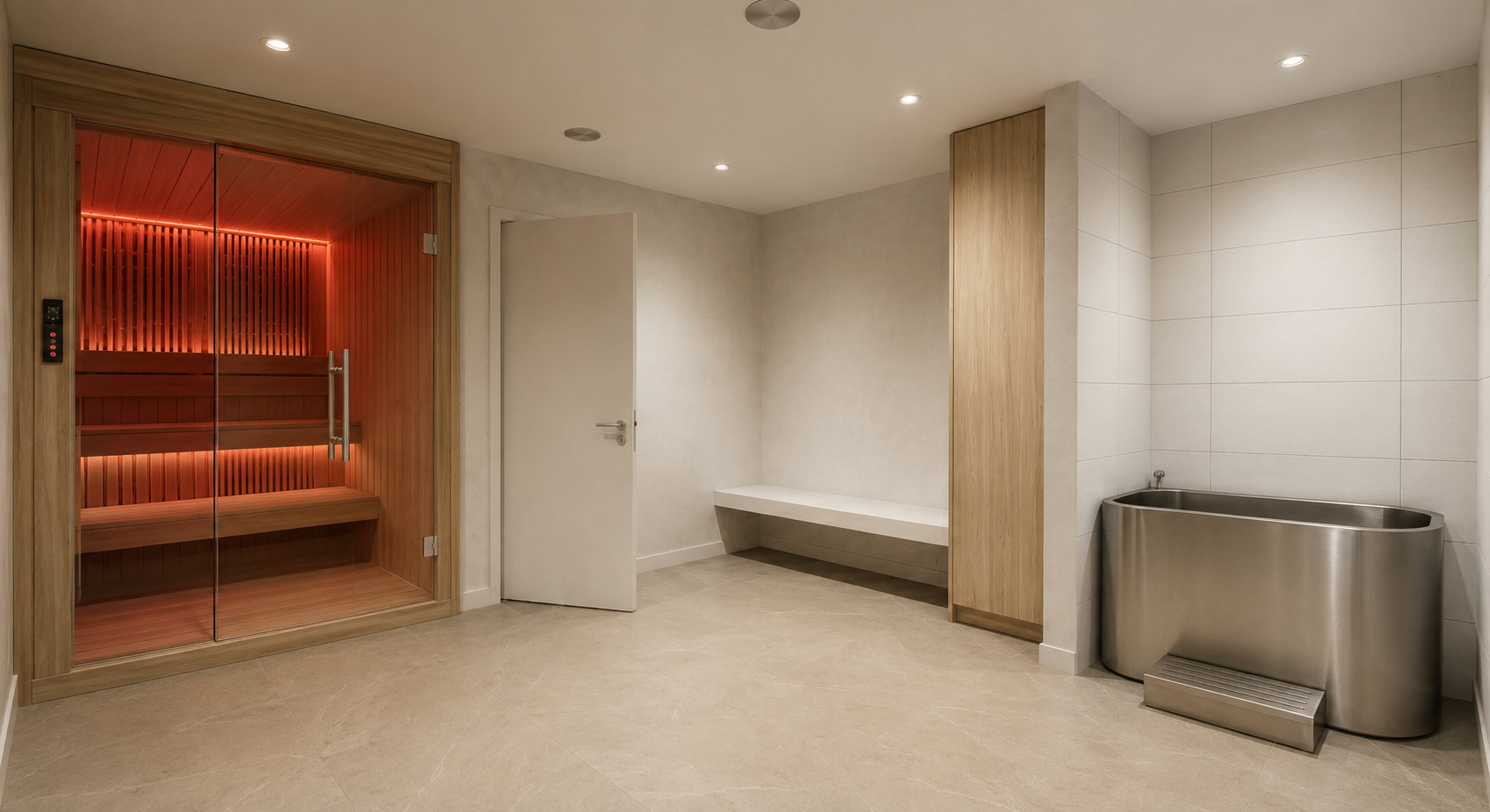 A completed Longevity Studio wellness suite: infrared sauna cabin with cedar lining and warm amber light, stainless steel cold plunge tub, limestone-effect tiled floor and built-in oak storage under recessed ceiling lights.