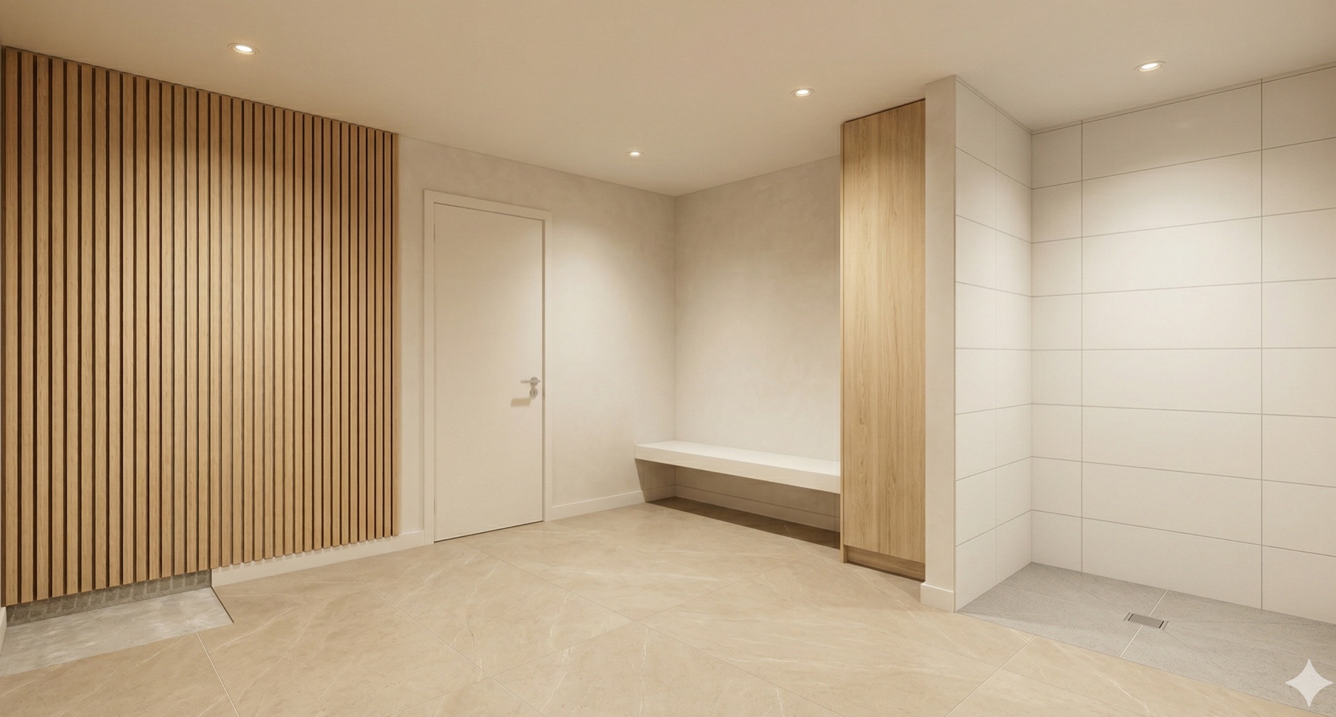 Datum suite interior — neutral plaster walls, timber-effect slat feature wall and large-format tile floor.